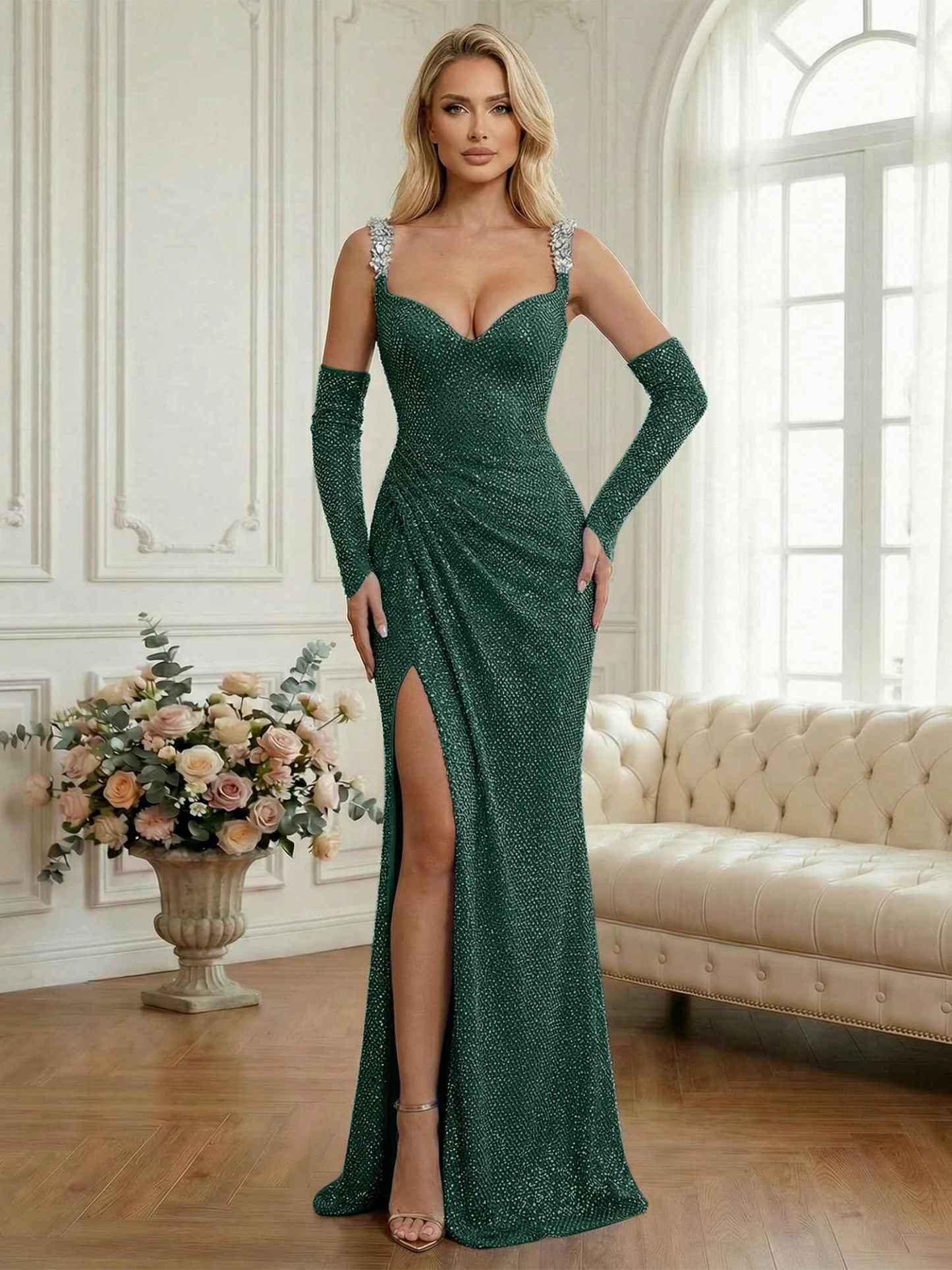 Light Blue Sequin Mermaid Matching Opera Gloves Long Prom Dress with Slit