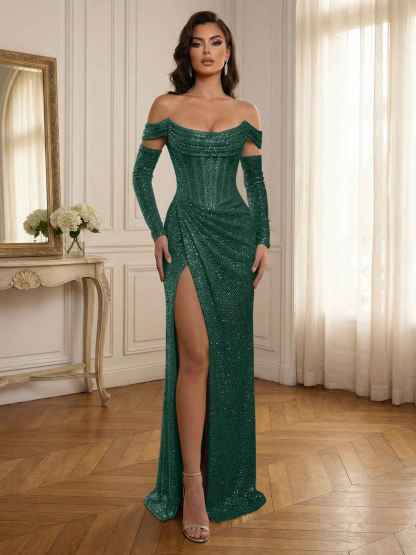 Silver Sequin Off-the-Shoulder Long Sleeves Corset Prom Dress with Slit