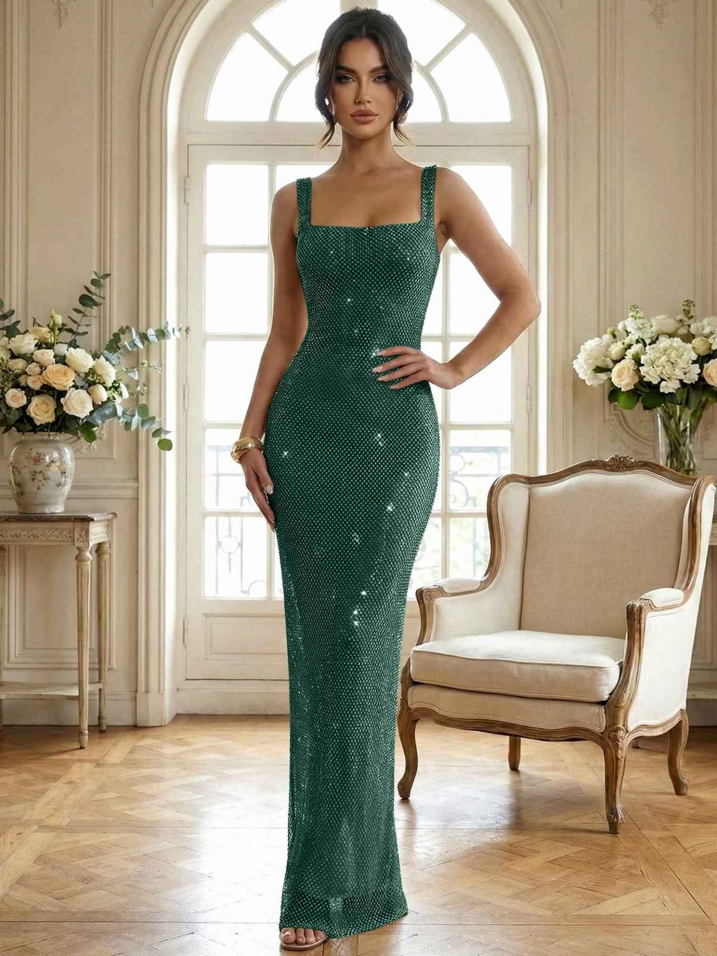 Sparkly Champagne Crystal Mesh Square Neck Long Prom Dress