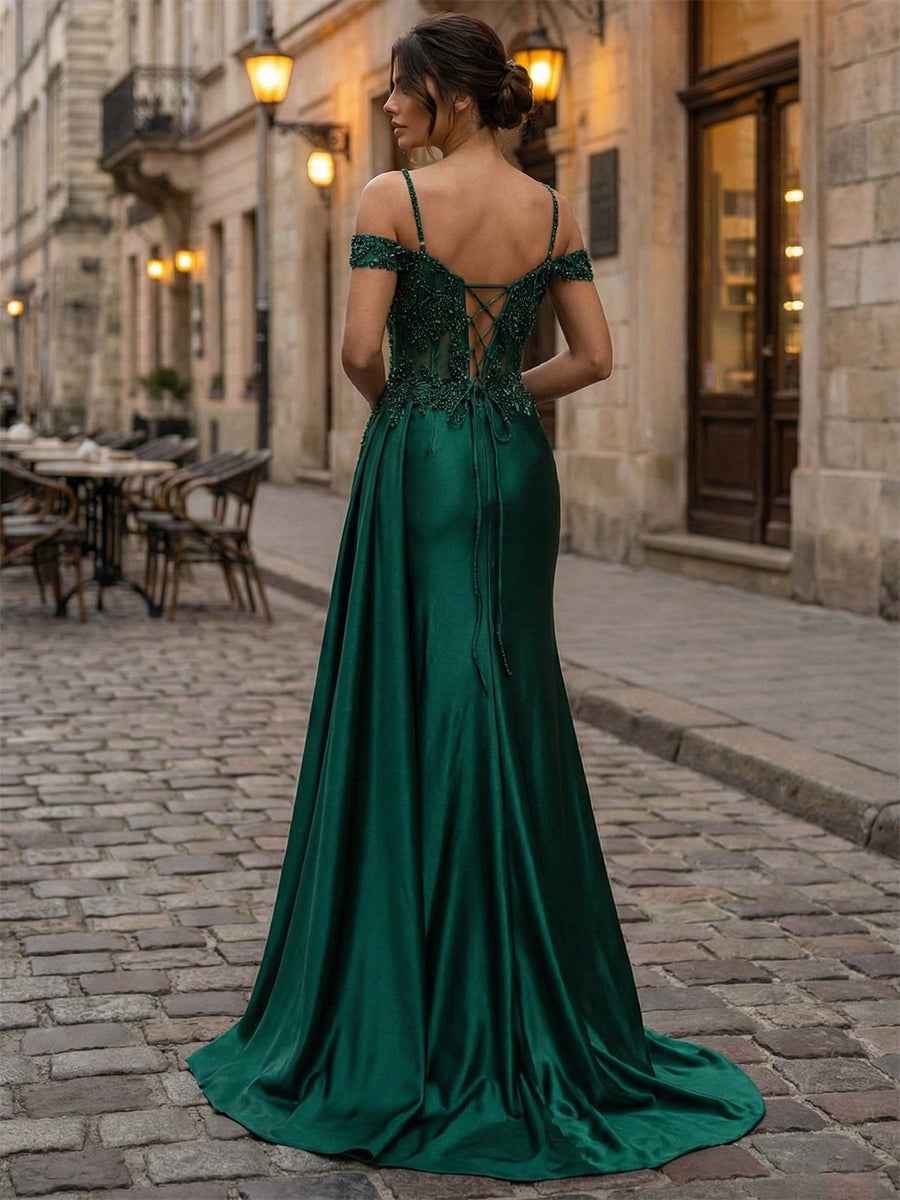 Emerald Green Beaded Corset Satin Long Prom Dress