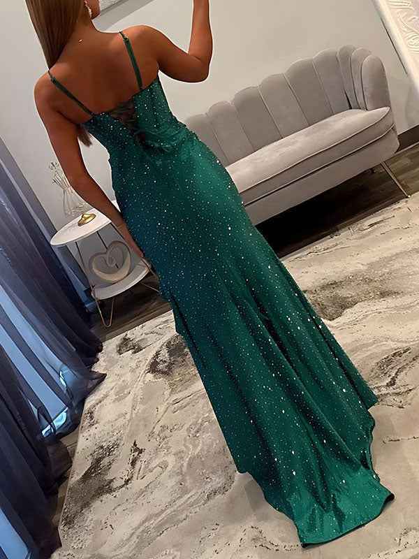 Emerald Green Cowl Neck Sequin Corset Prom Dress with Ruffled Slit