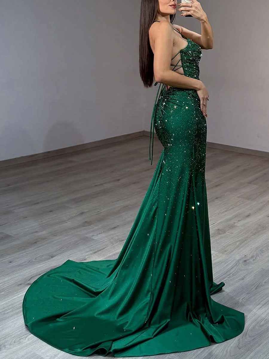 Emerald Green Front Cutouts Sequin Prom Dress with Slit