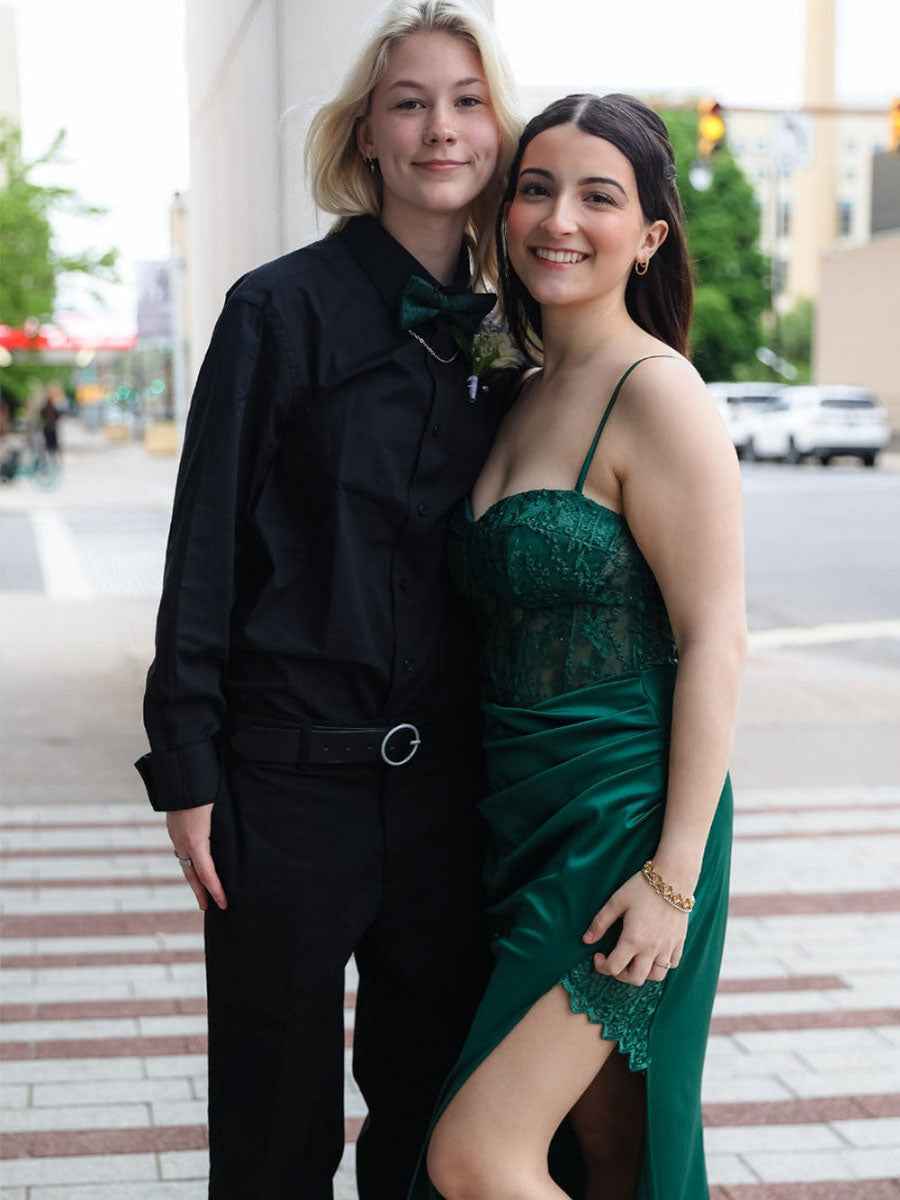 Emerald Green Lace Mermaid Long Prom Dress with Slit