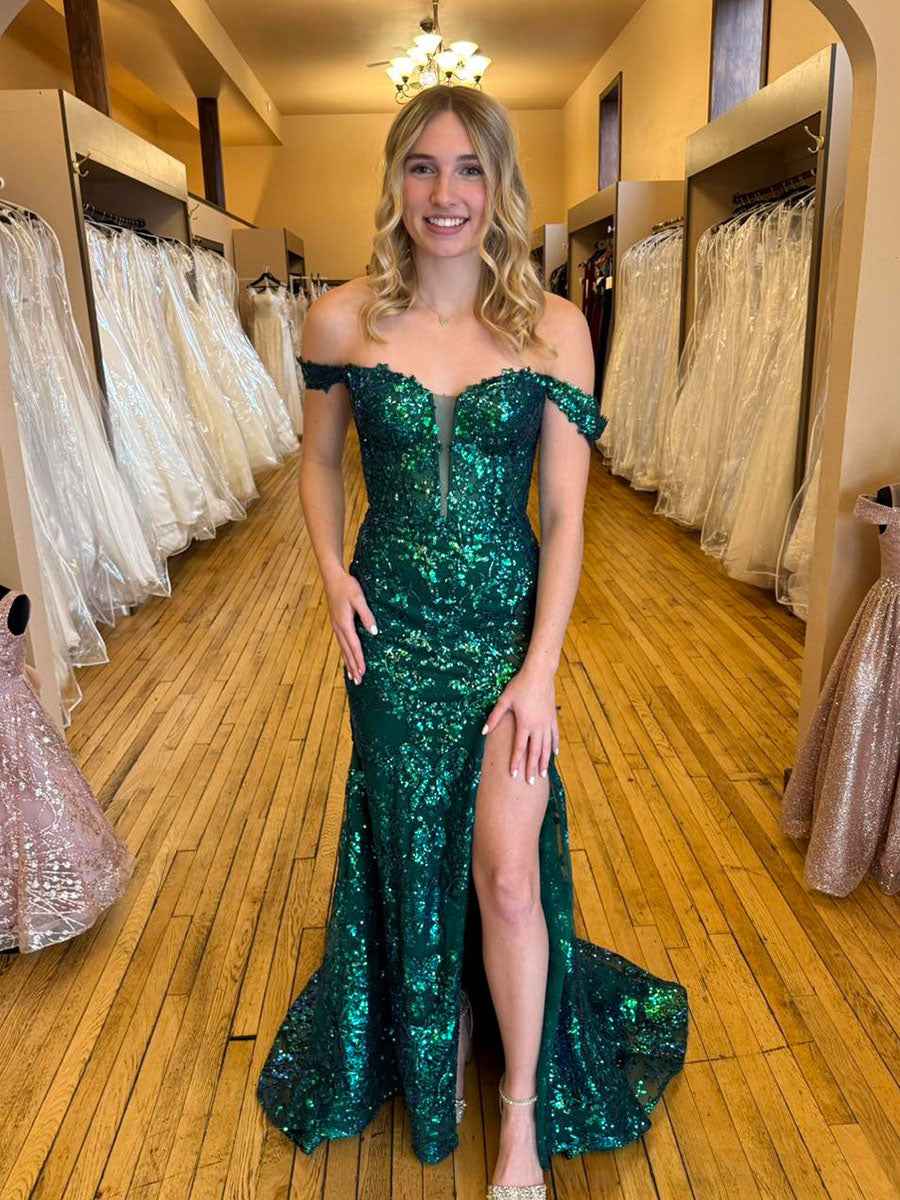 Emerald Green Off-the-Shoulder Sequin Prom Dress with High Slit