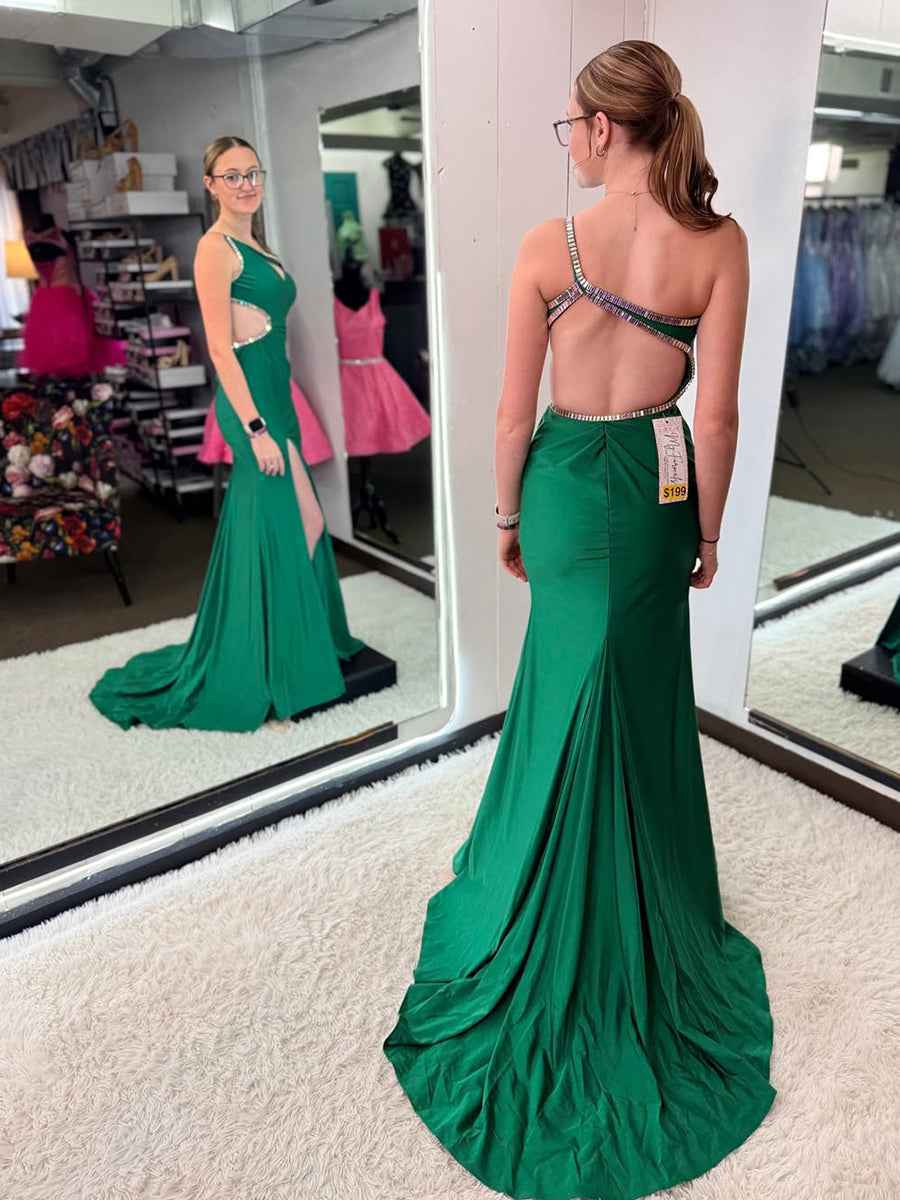 Emerald Green One-Shoulder Cutout Prom Dress with Rhinestone Trim