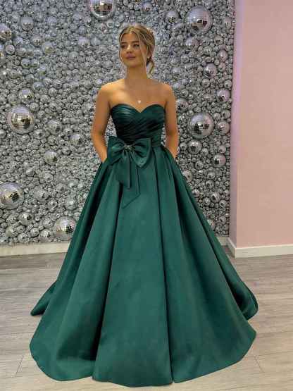 Emerald Green Strapless Satin Prom Dress with Statement Bow