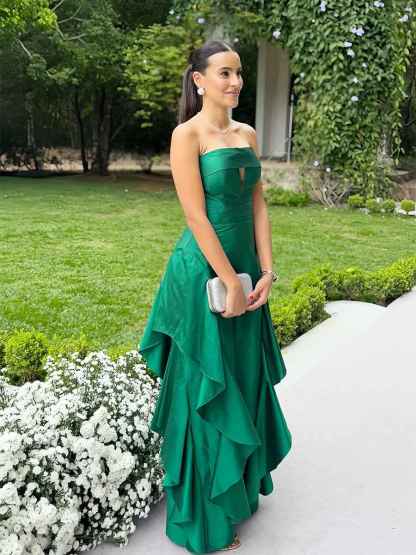 Emerald Green Strapless Tiered Ruffle Satin Prom Dress with Keyhole Cutout