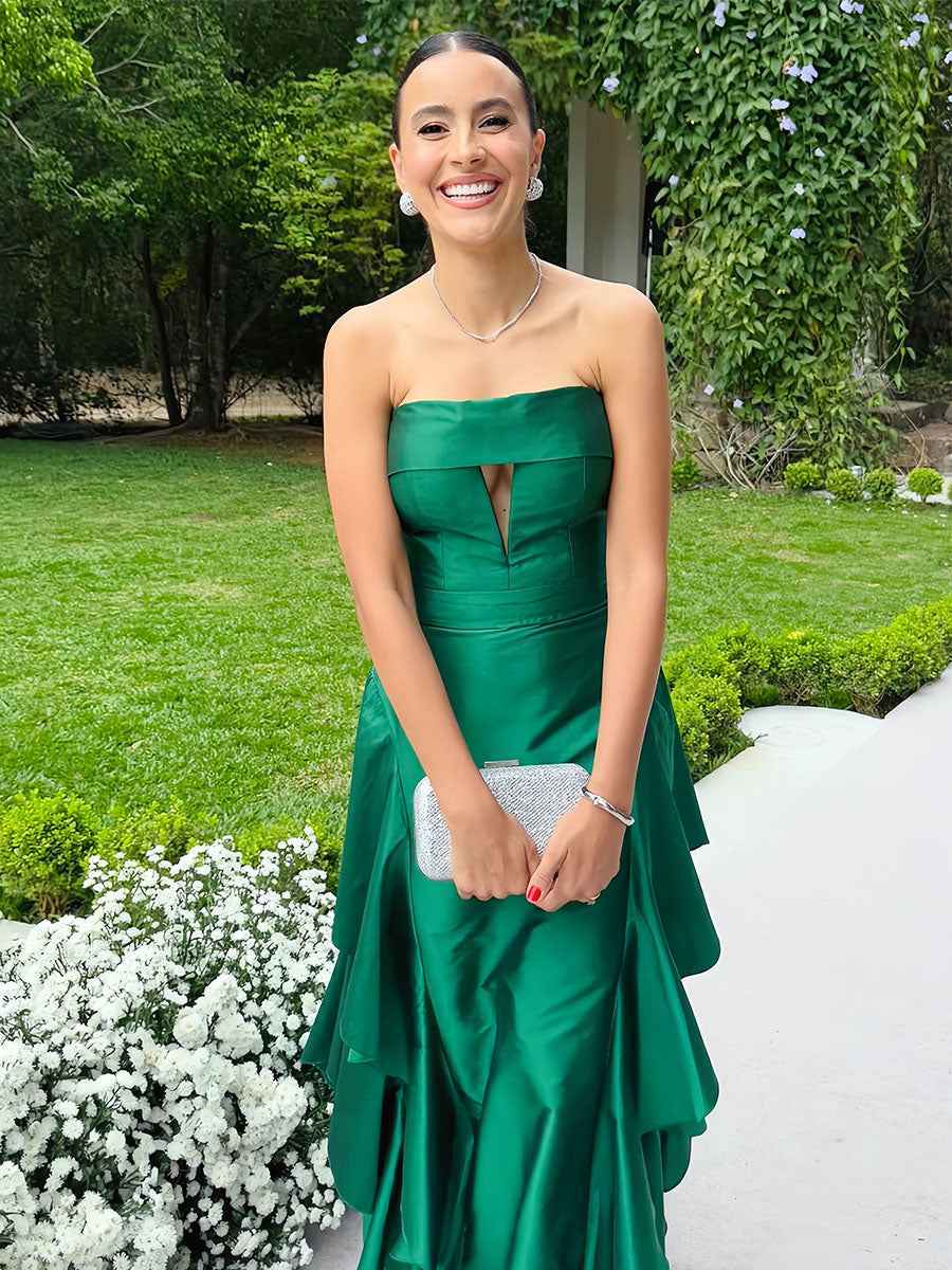 Emerald Green Strapless Tiered Ruffle Satin Prom Dress with Keyhole Cutout