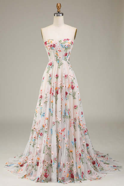 Sweetheart Strapless Floor-Length A-Line Princess Dress with Floral Embroidery