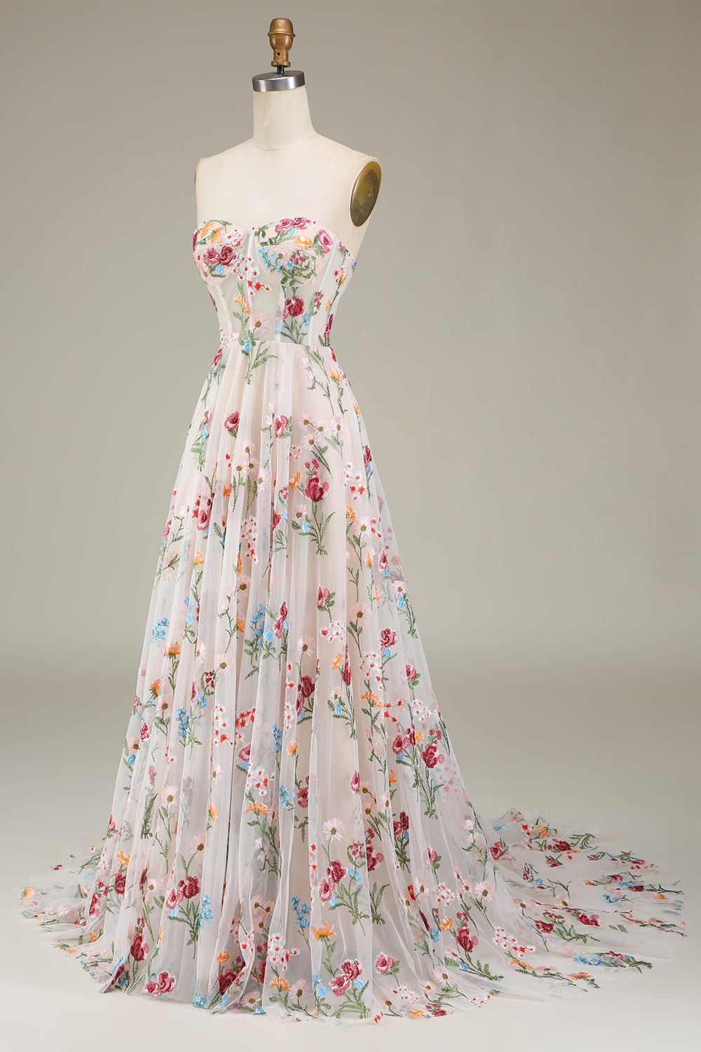Sweetheart Strapless Floor-Length A-Line Princess Dress with Floral Embroidery