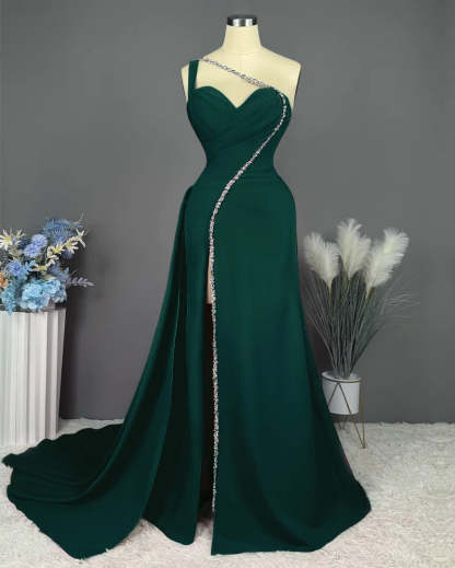 One-Shoulder Floor-Length Formal Evening Gown with Slit and Pleated Beadings