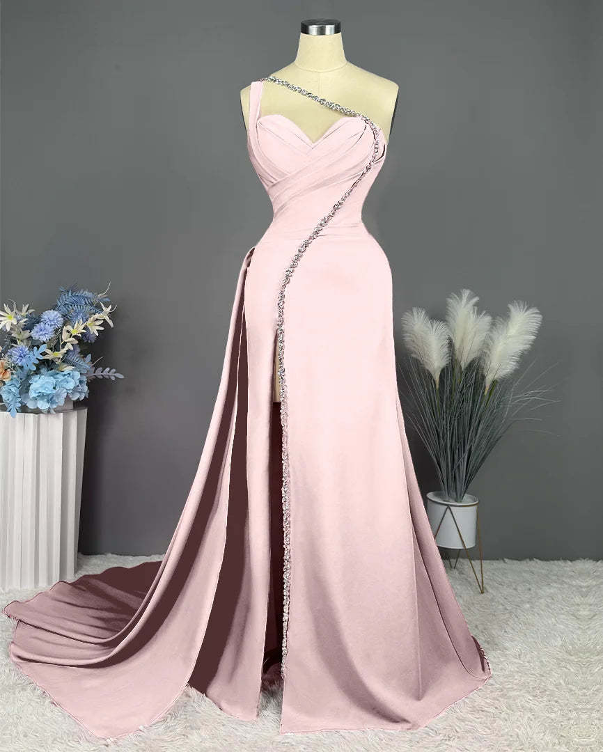 One-Shoulder Floor-Length Formal Evening Gown with Slit and Pleated Beadings