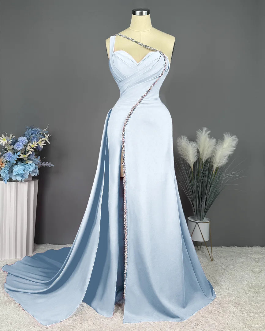 One-Shoulder Floor-Length Formal Evening Gown with Slit and Pleated Beadings