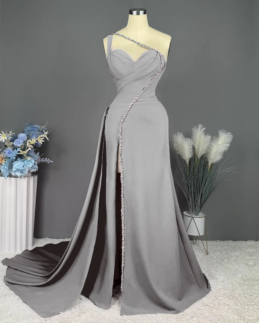 One-Shoulder Floor-Length Formal Evening Gown with Slit and Pleated Beadings