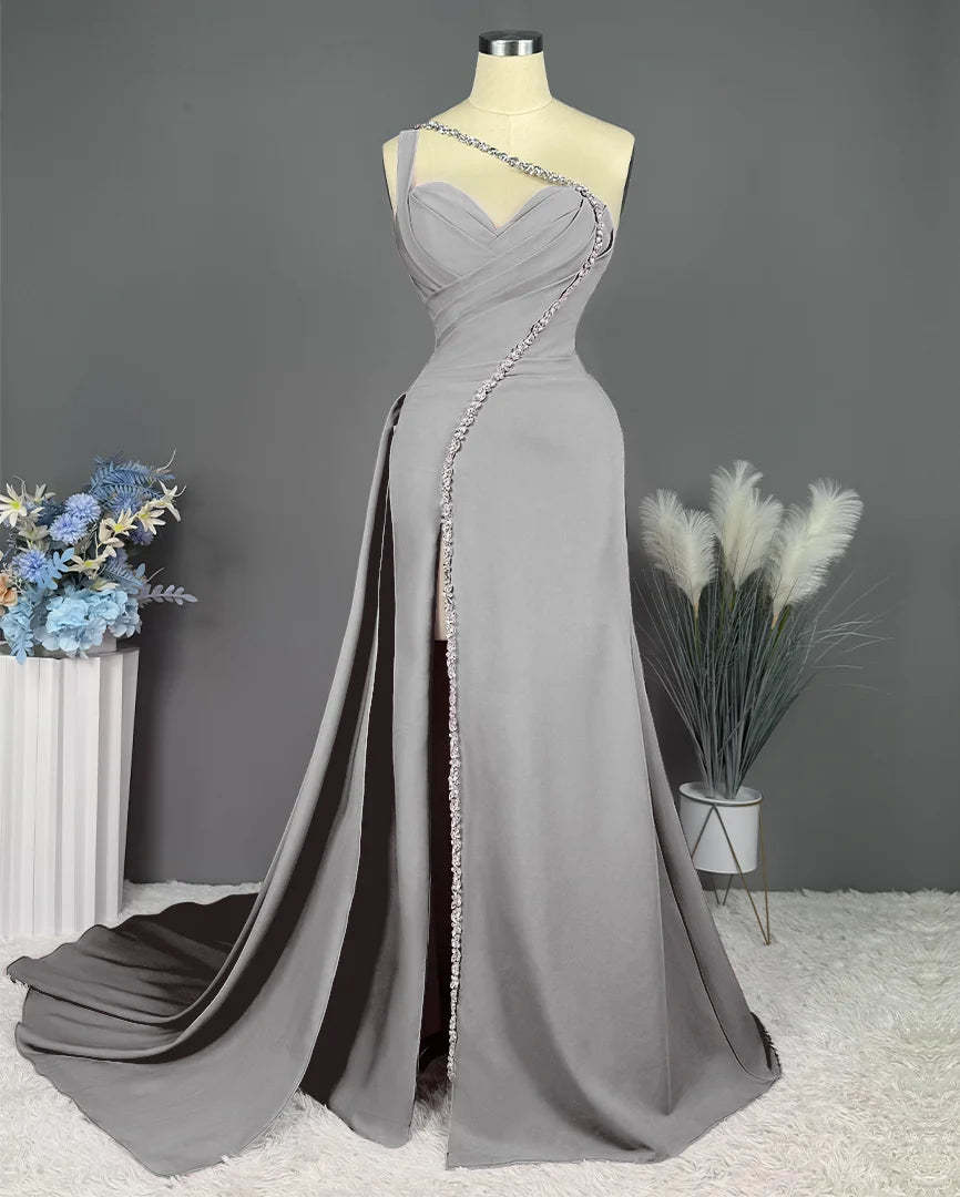 One-Shoulder Floor-Length Formal Evening Gown with Slit and Pleated Beadings