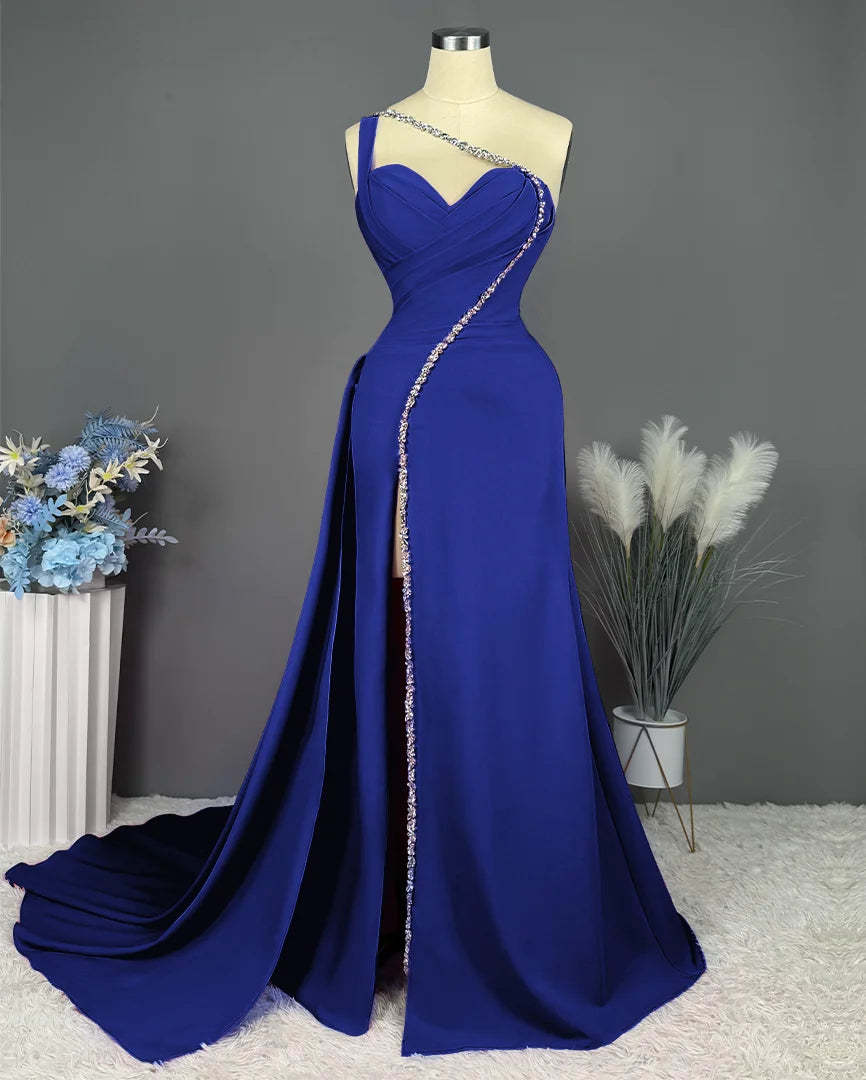 One-Shoulder Floor-Length Formal Evening Gown with Slit and Pleated Beadings