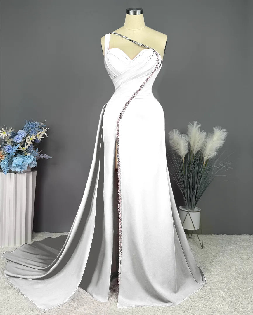 One-Shoulder Floor-Length Formal Evening Gown with Slit and Pleated Beadings