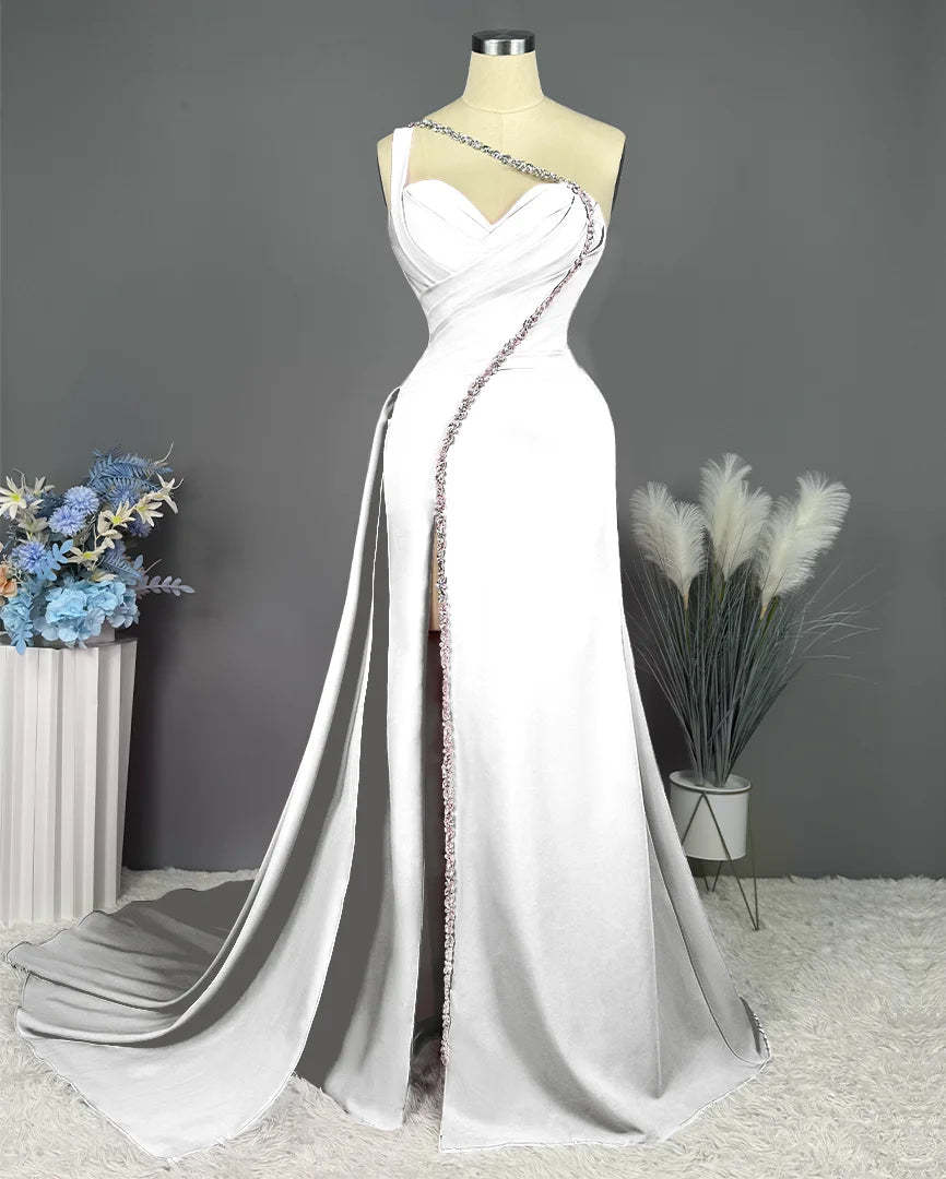 One-Shoulder Floor-Length Formal Evening Gown with Slit and Pleated Beadings