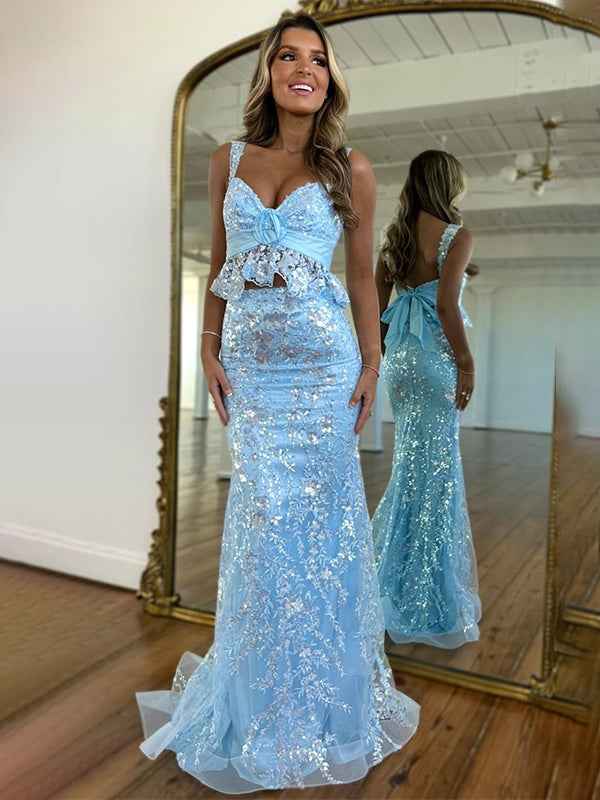 Light Blue Mermaid Straps Sequined  Long Prom Dress with Appliques