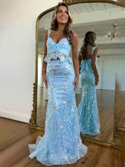 Light Blue Mermaid Straps Sequined  Long Prom Dress with Appliques
