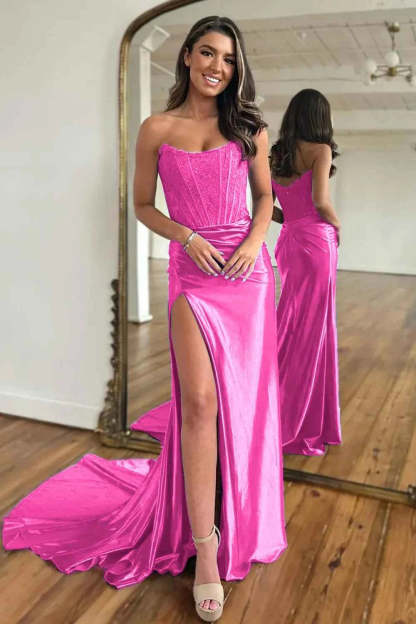 Fuchsia Strapless Corset Mermaid Long Satin Prom Dress with Slit