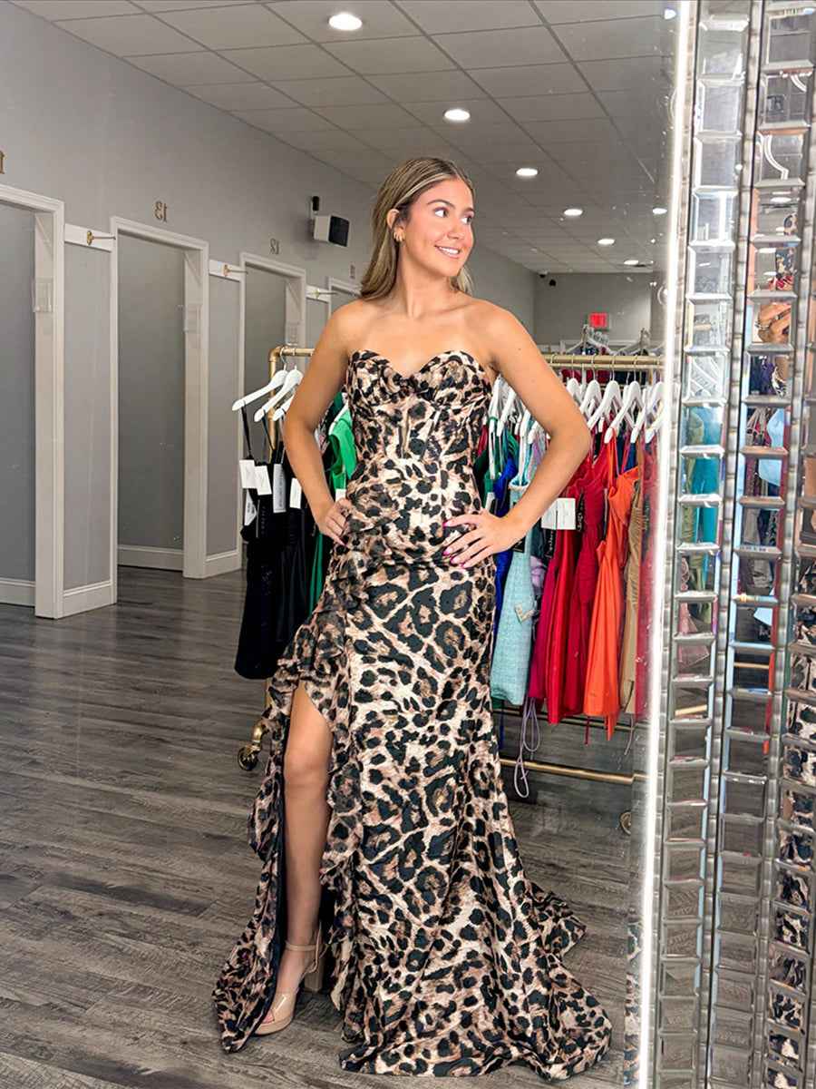 Fierce Leopard Print Ruffled Corset Prom Dress with Slit