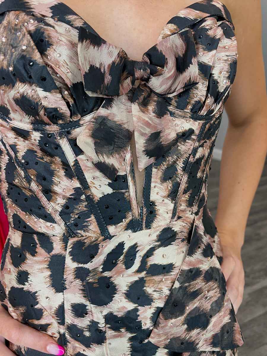 Fierce Leopard Print Ruffled Corset Prom Dress with Slit