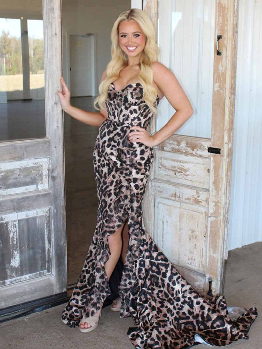 Fierce Leopard Print Ruffled Corset Prom Dress with Slit