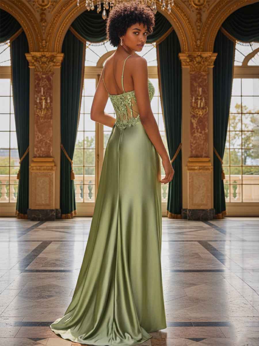 Fitted Applique V Neck Silk like Satin Corset Prom Dress with Slit