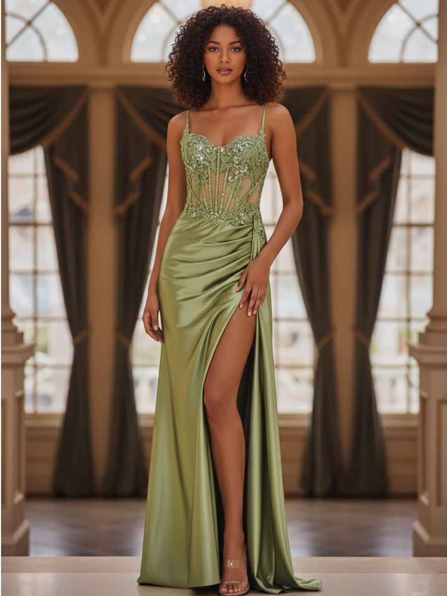 Fitted Applique V Neck Silk like Satin Corset Prom Dress with Slit