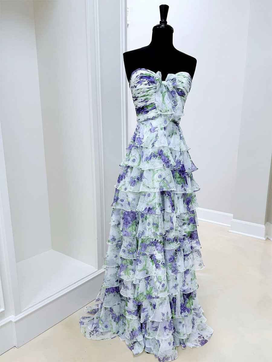 Floral Print Tiered Ruffle Prom Gown with Tie-Front Bow