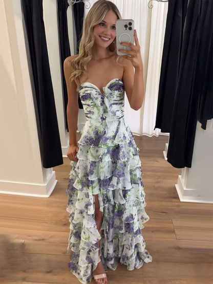 Floral Print Tiered Ruffle Prom Gown with Tie-Front Bow