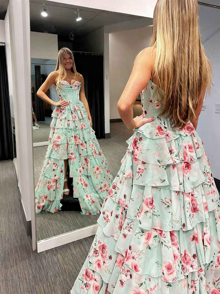 Floral Strapless Sweetheart Tiered Chiffon Prom Dress wit Train