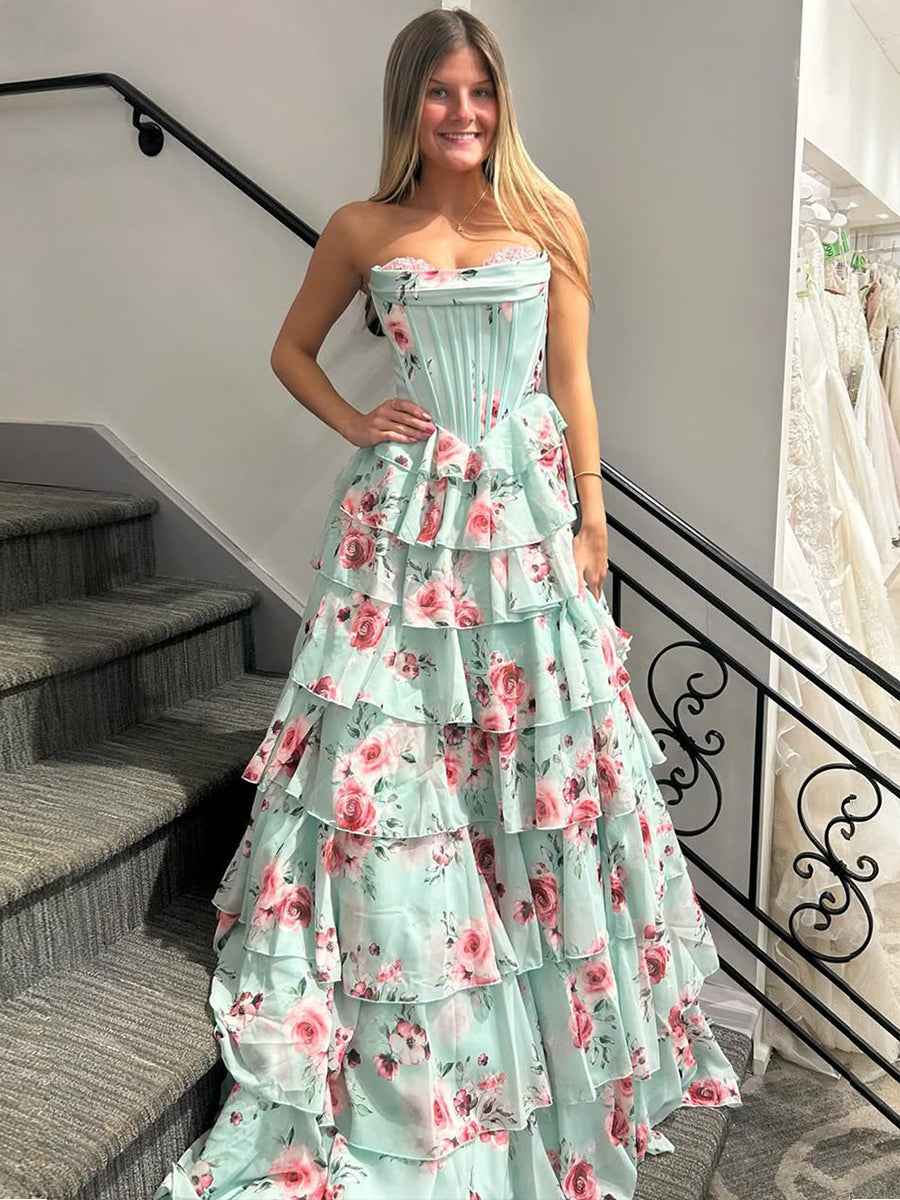 Floral Strapless Sweetheart Tiered Chiffon Prom Dress wit Train