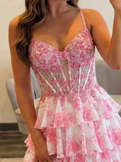 Floral Tiered Ruffle Beaded Corset Prom Dress with Slit