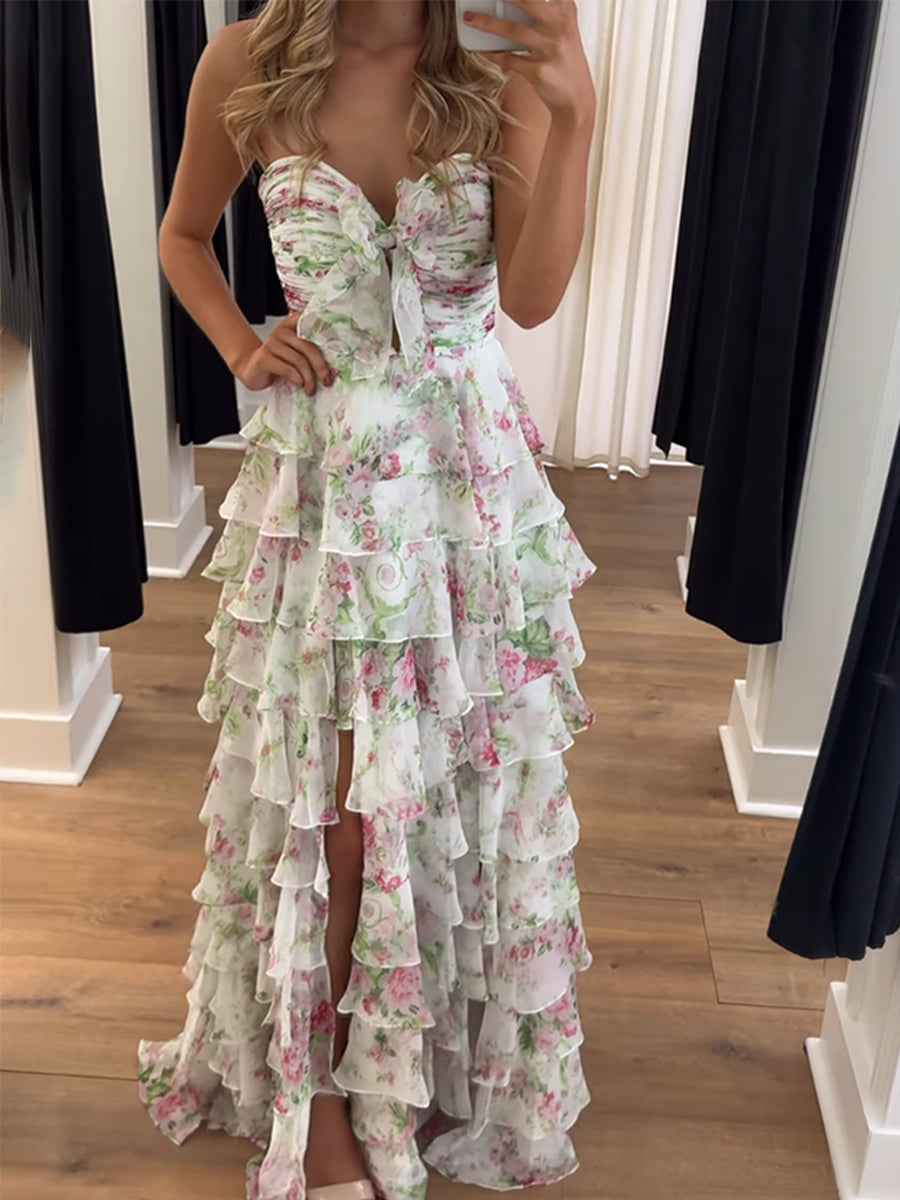 Floral Print Tiered Ruffle Prom Gown with Tie-Front Bow