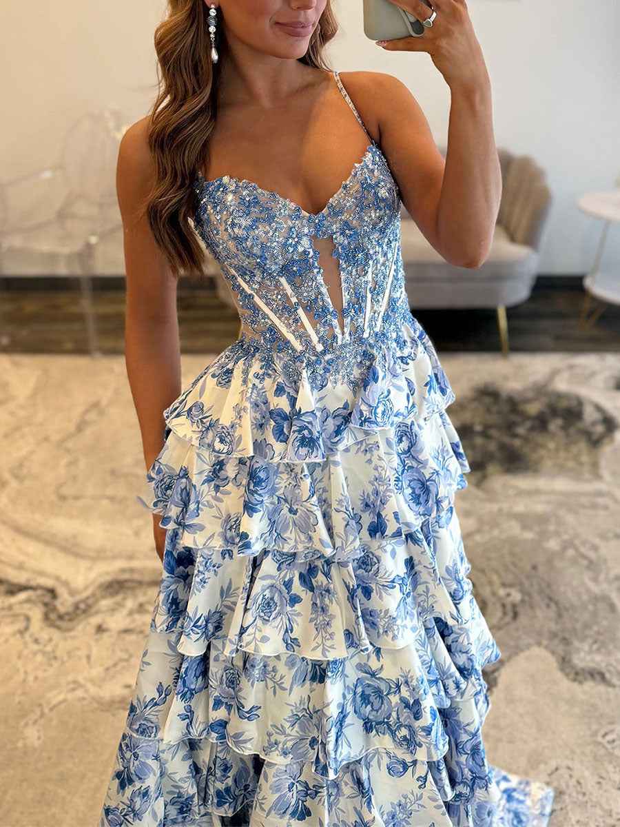 Floral Tiered Ruffle Beaded Corset Prom Dress with Slit