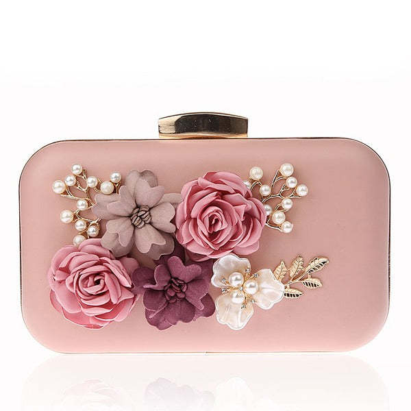 Metal Clutch Bags with Imitation Pearl Flower Design
