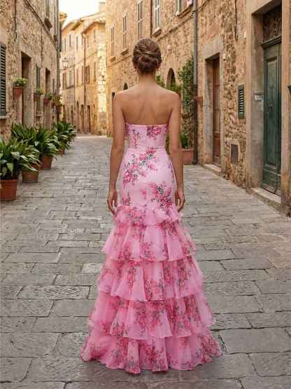 Flower Mermaid Strapless Tiered Print Long Prom Dress with Ruffles