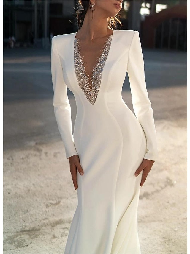 Floor-Length V-Neck Mermaid Wedding Dresses with Beading and Long Sleeves