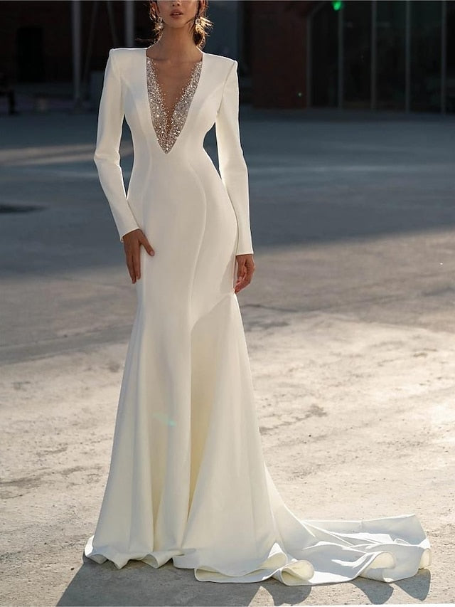 Floor-Length V-Neck Mermaid Wedding Dresses with Beading and Long Sleeves