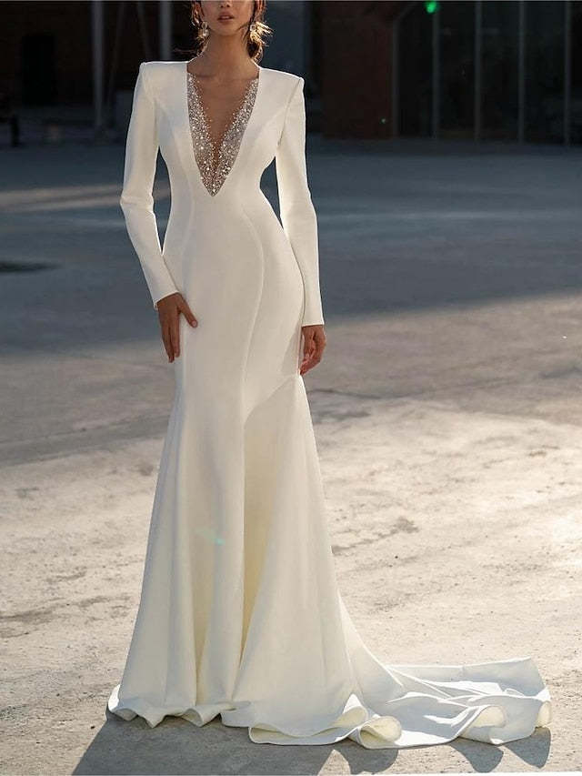 Floor-Length V-Neck Mermaid Wedding Dresses with Beading and Long Sleeves