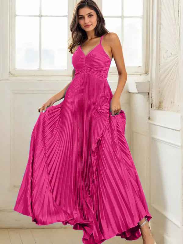 Fuchsia A Line Spaghetti Straps Pleated Long Prom Dress