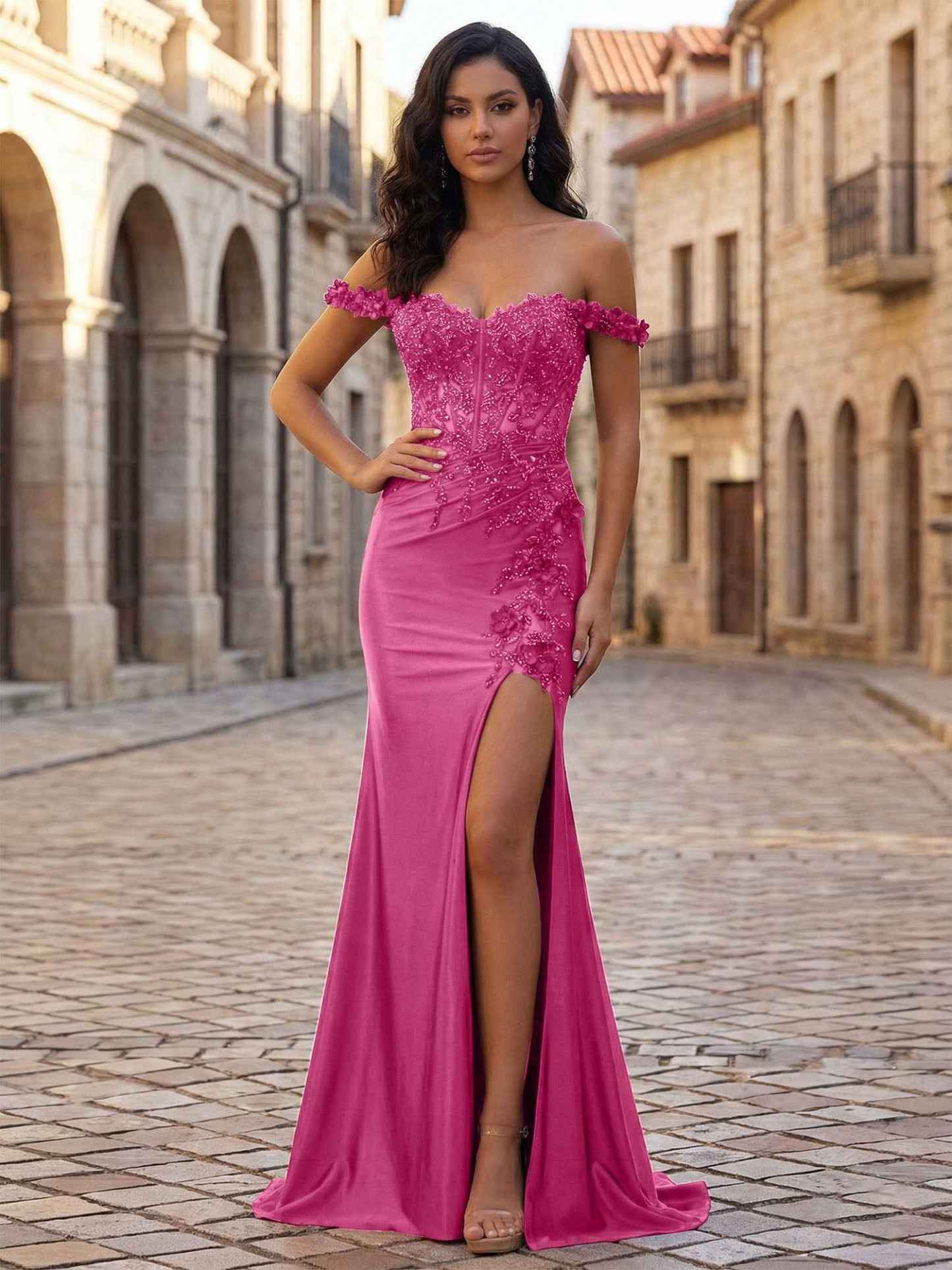 Mermaid Off-The-Shoulder Floral Corset Long Prom Dress with Slit