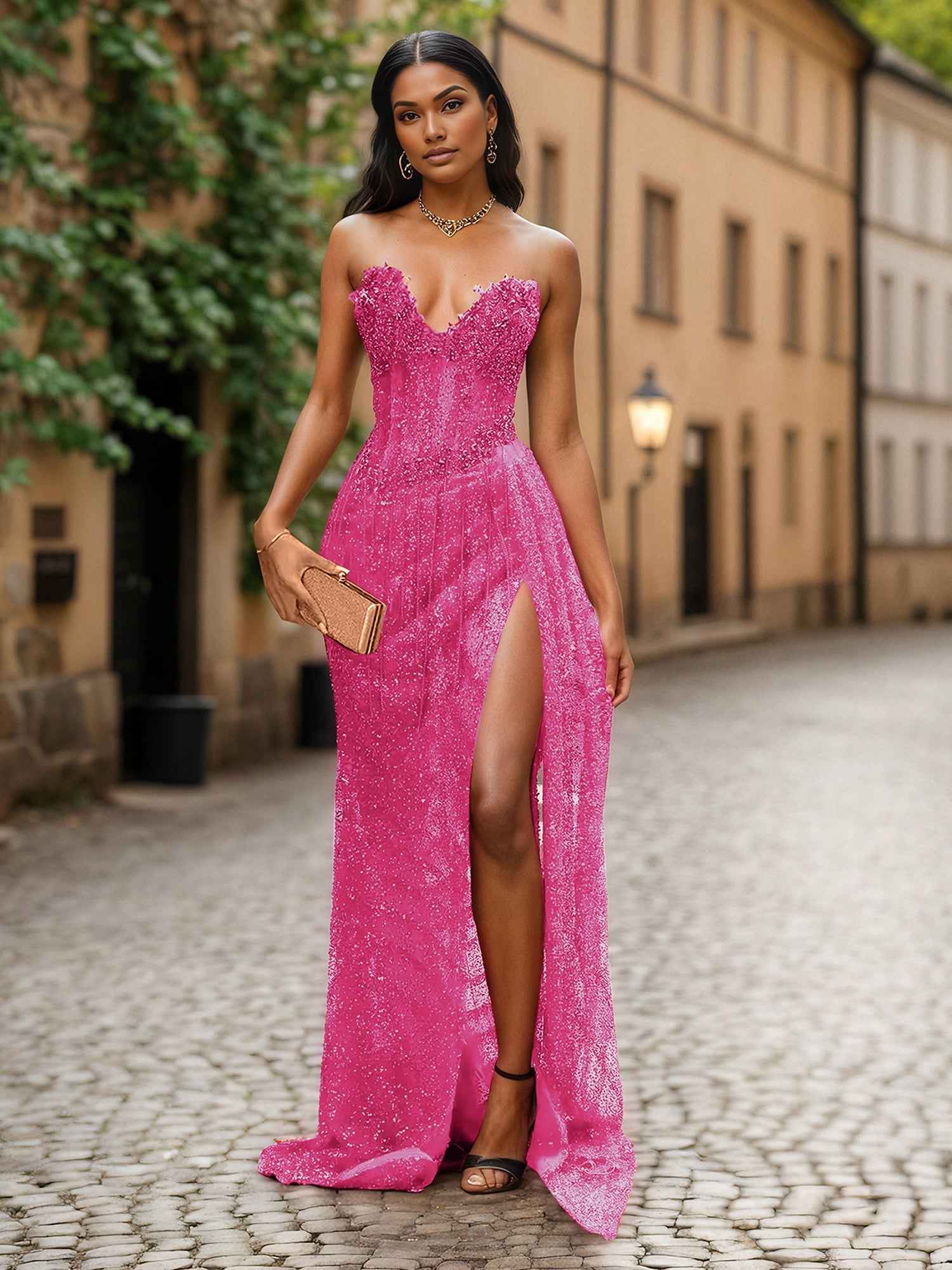 Red Strapless Beaded Fringe Waist Sequin Prom Dress with High Slit