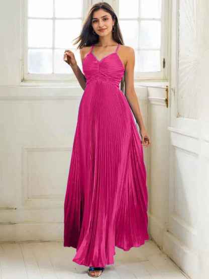 Fuchsia A Line Spaghetti Straps Pleated Long Prom Dress