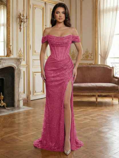 Sequin Off-the-Shoulder Corset Bodice Long Prom Dress with Slit