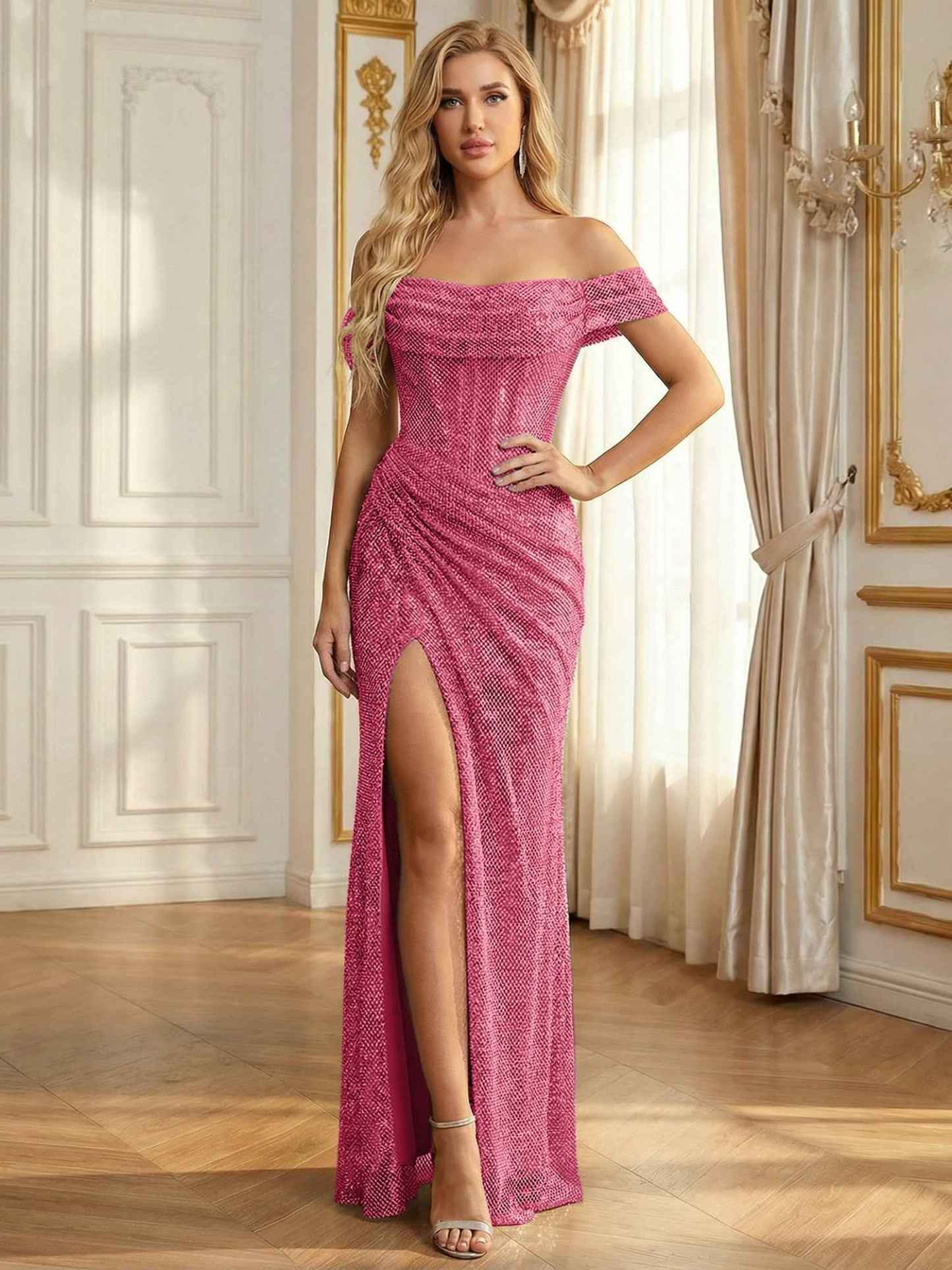 Sparkly Off-the-Shoulder Mesh Ruched Bodice Long Prom Dress with High Slit