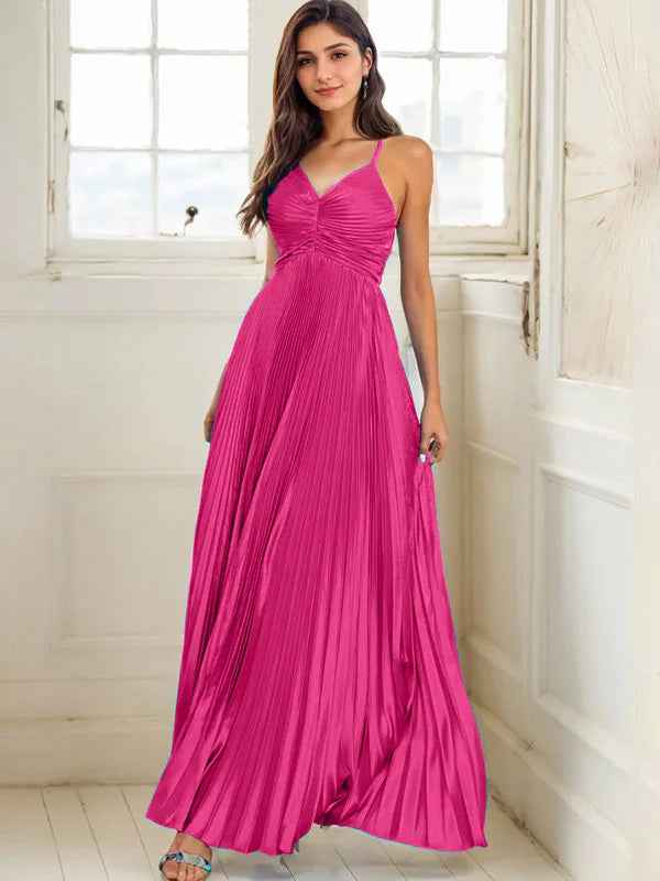 Fuchsia A Line Spaghetti Straps Pleated Long Prom Dress