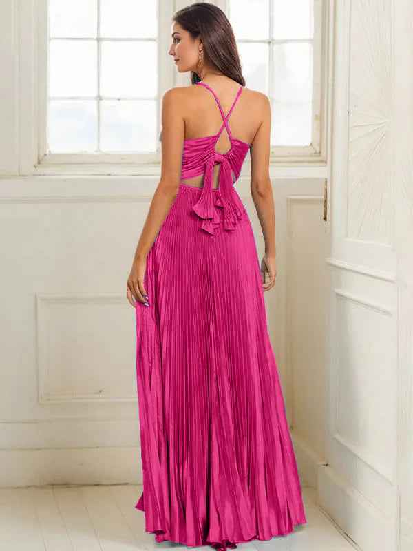 Fuchsia A Line Spaghetti Straps Pleated Long Prom Dress